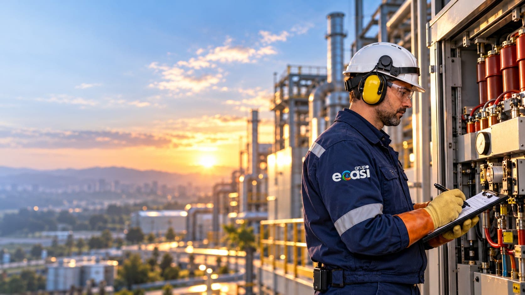 Engenheiro de capacete, protetor auricular e luvas fazendo anotações diante de um painel elétrico em uma planta industrial, ao pôr do sol