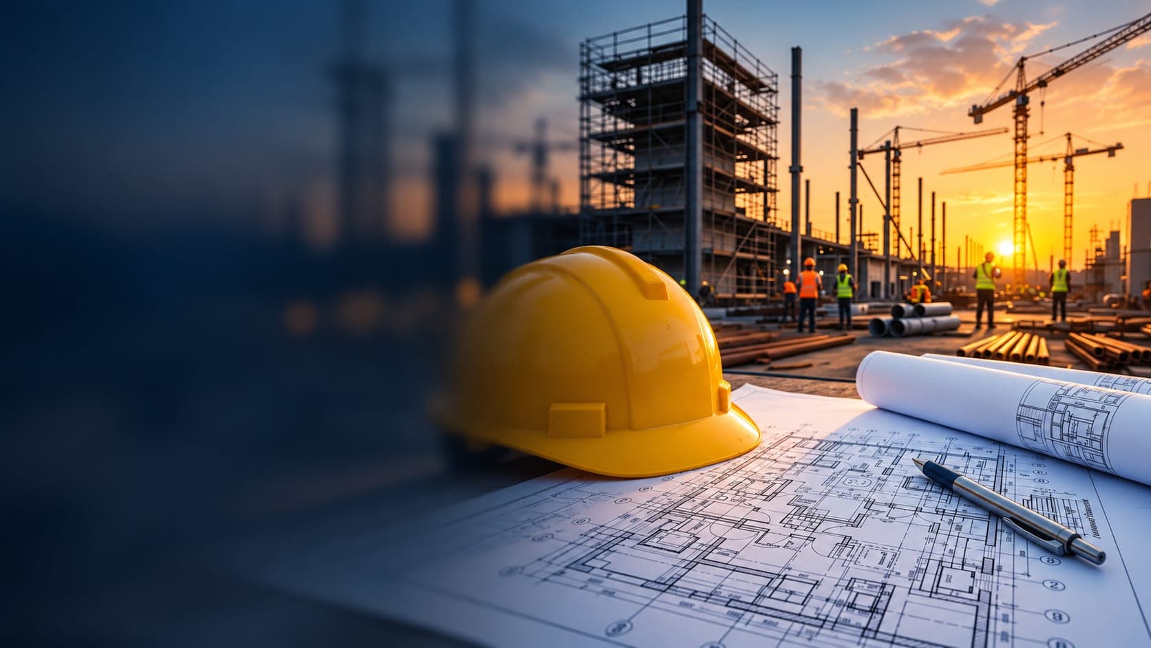 Capacete amarelo sobre a planta de um projeto, com um canteiro de obras, andaimes, gruas e trabalhadores ao pôr do sol