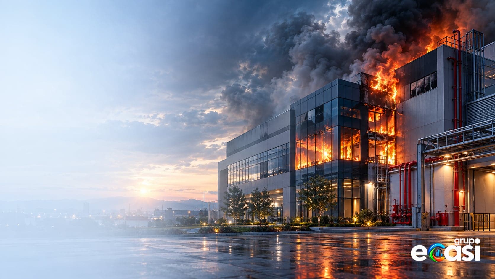 Prédio industrial ao entardecer, com fogo e fumaça nos andares de cima e a rede vermelha de hidrantes na fachada