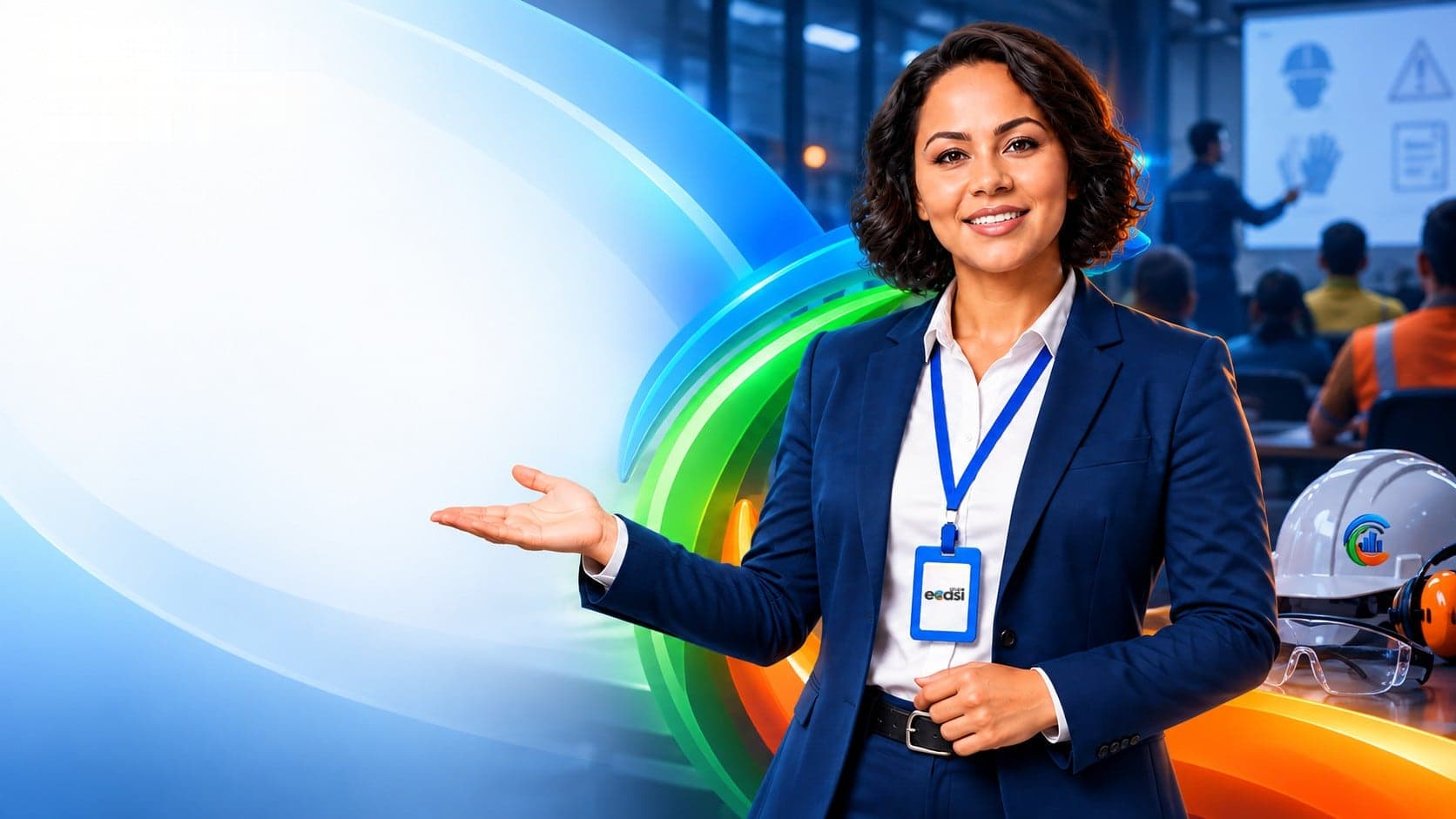 Instrutora do Grupo ECASI apresentando, com uma turma de treinamento de segurança do trabalho ao fundo