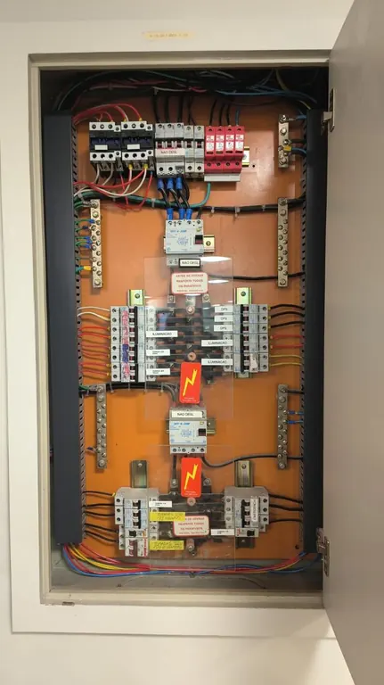 Quadro elétrico com disjuntores, dispositivos de proteção contra surtos e barramento